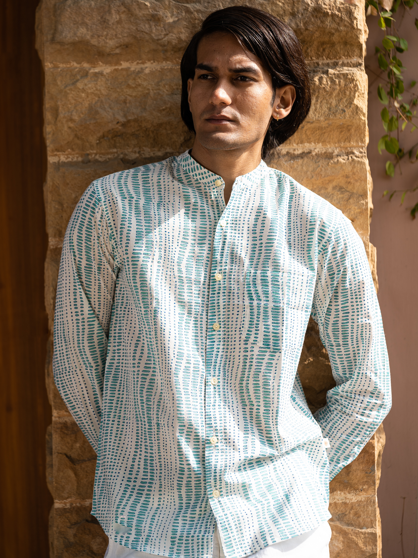 Full Sleeve Indian Hand Block Print Shirt Mint Green Geometric Printed Mandarin Collar Bloom Shirt 100% Cotton Fabric
