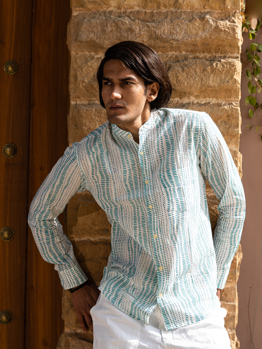 Full Sleeve Indian Hand Block Print Shirt Mint Green Geometric Printed Mandarin Collar Bloom Shirt 100% Cotton Fabric