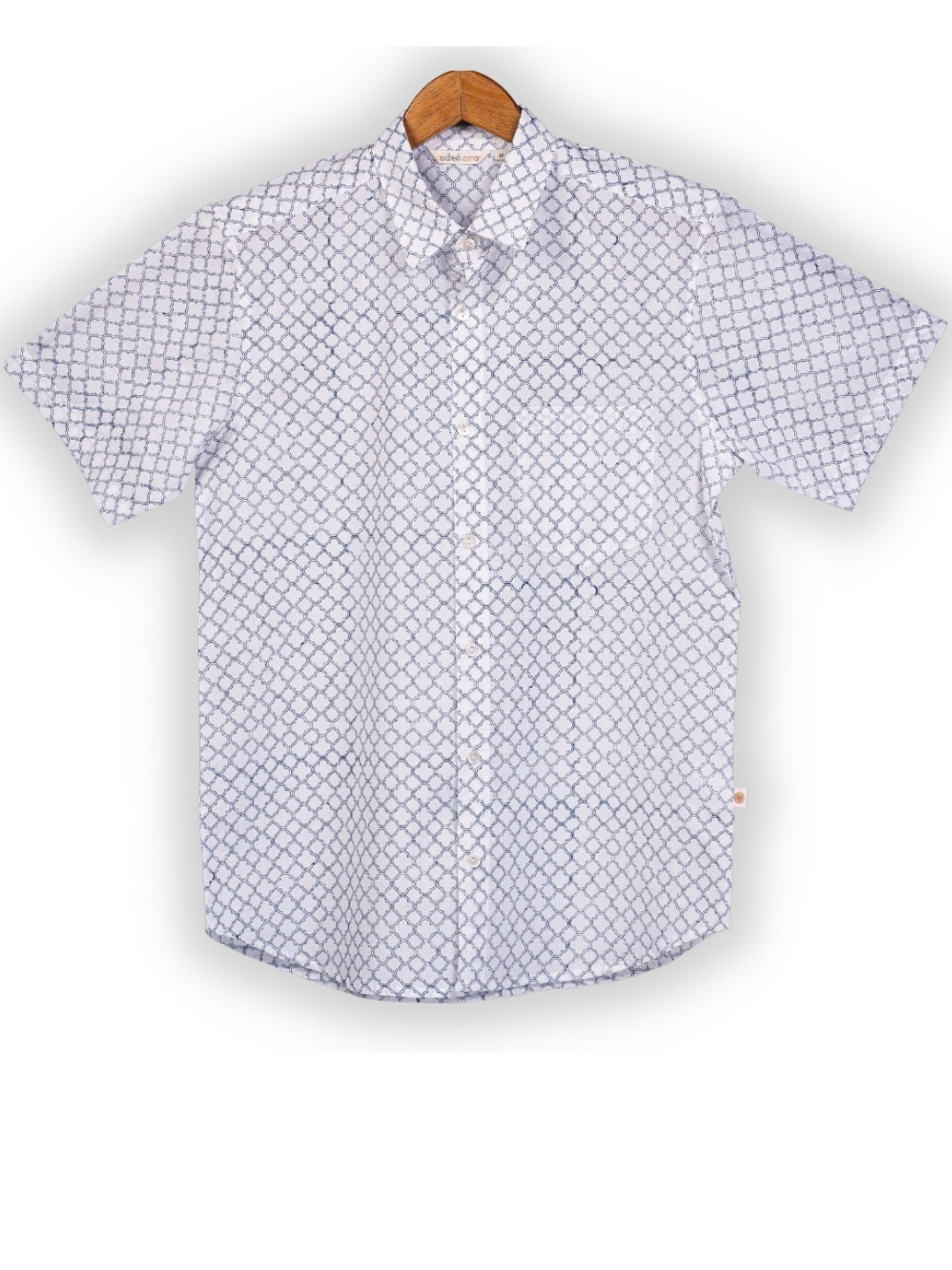 Short Sleeve Indian Blue Lattice Geometry Print Line Jali Blue Design Shirt 100% Cotton Fabric