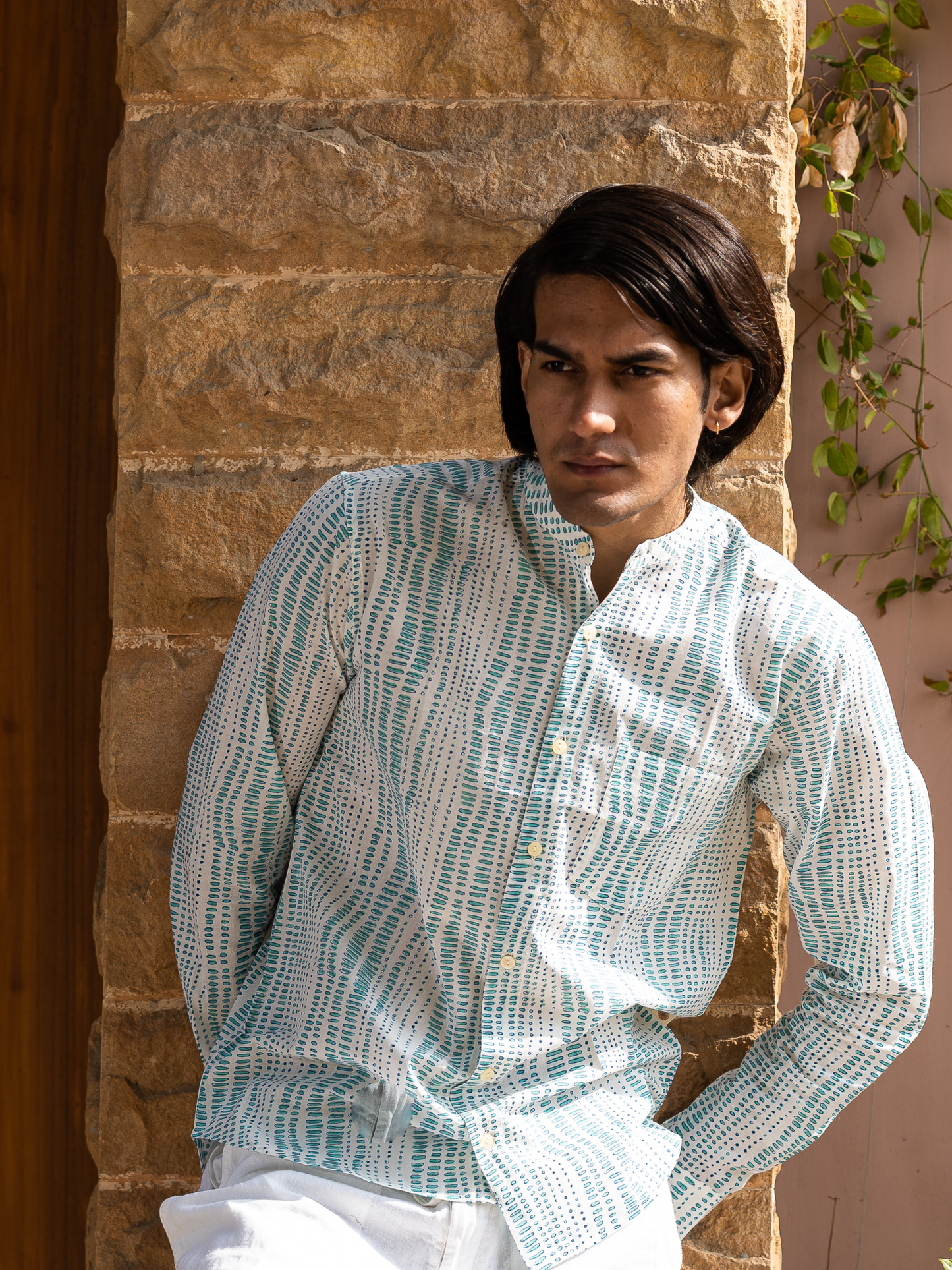 Full Sleeve Indian Hand Block Print Shirt Mint Green Geometric Printed Mandarin Collar Bloom Shirt 100% Cotton Fabric