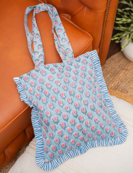 Pink Blossom Print Ruffle Tote Bag