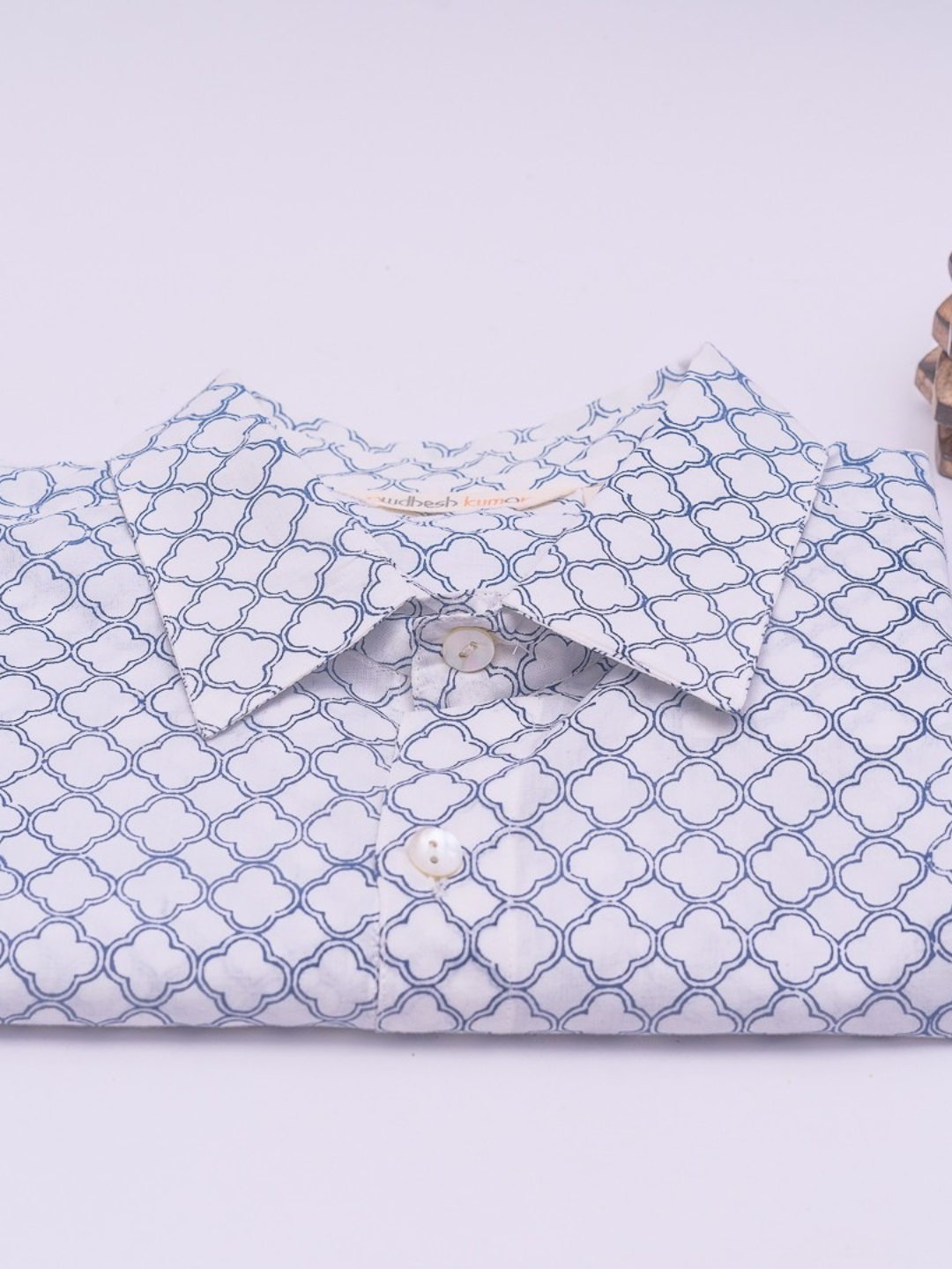 Short Sleeve Indian Blue Lattice Geometry Print Line Jali Blue Design Shirt 100% Cotton Fabric