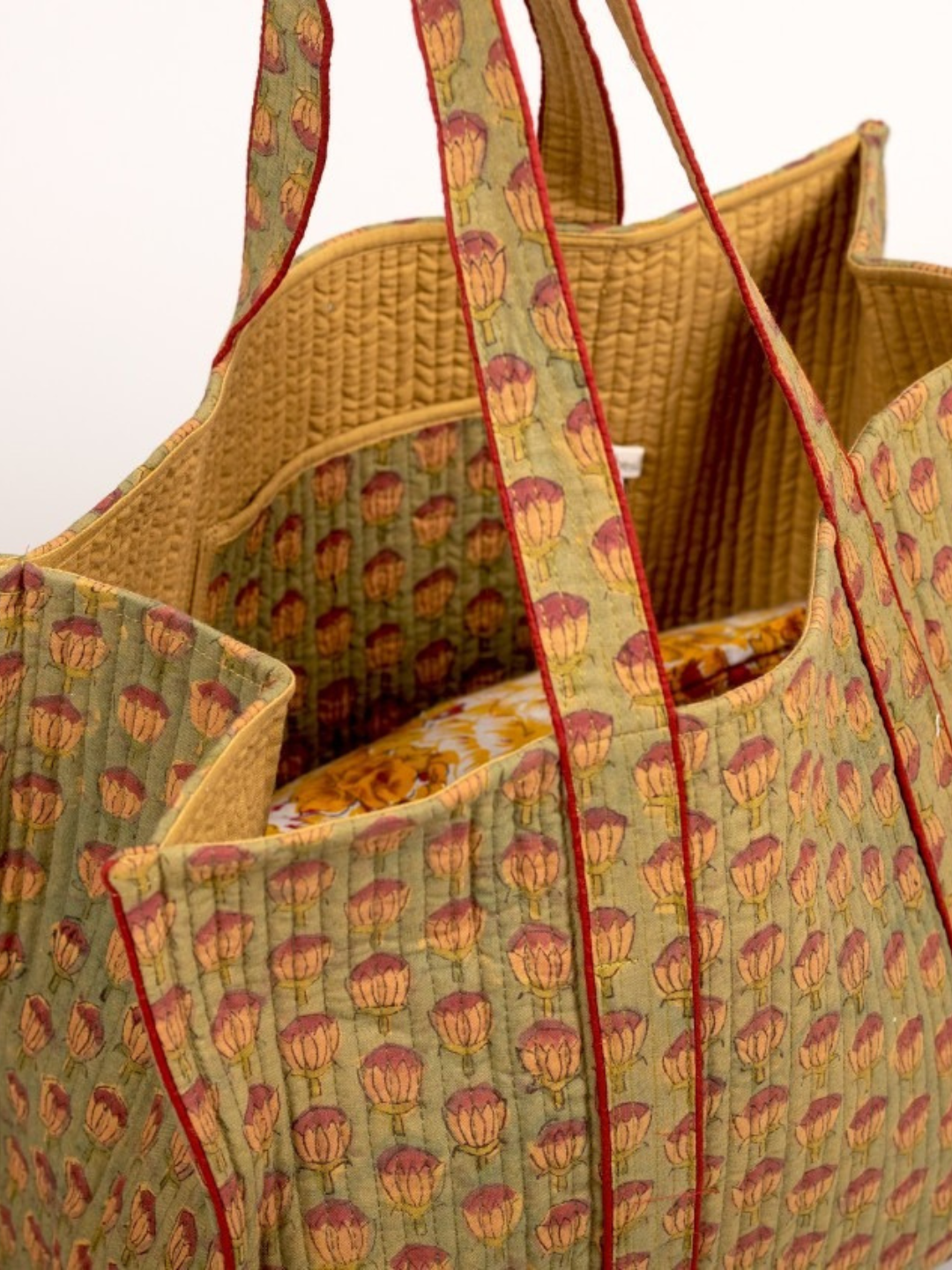 Cotton Hand Bag,Saffron Lotus Quilted Tote Bags, Women hand bags, Tote bags for Girls, Fashion Tote bags, Printed Tote Bags