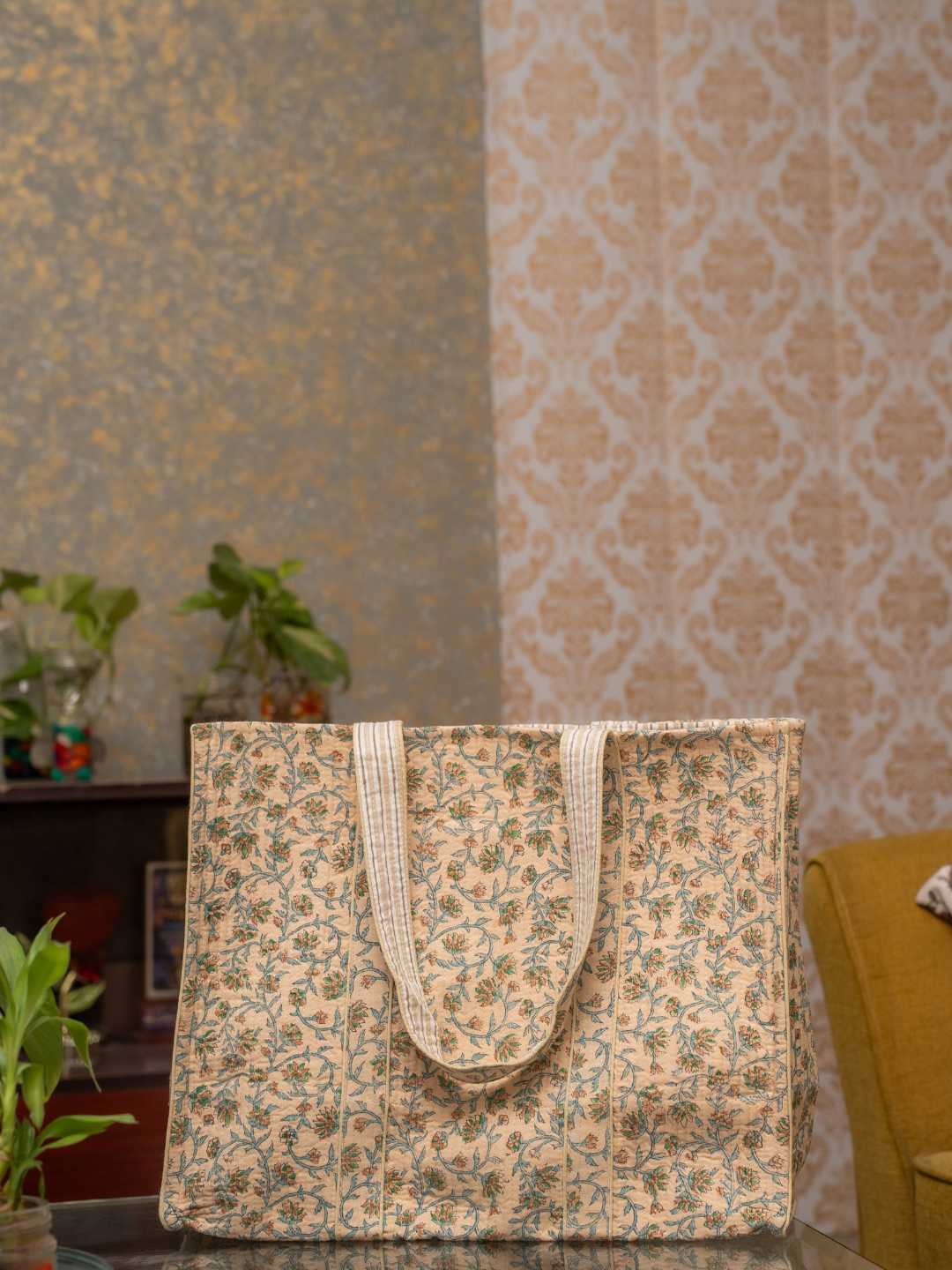 Awdhesh Kumar Beige Blossom Cotton Hand Block Printed Tote Bag for Women