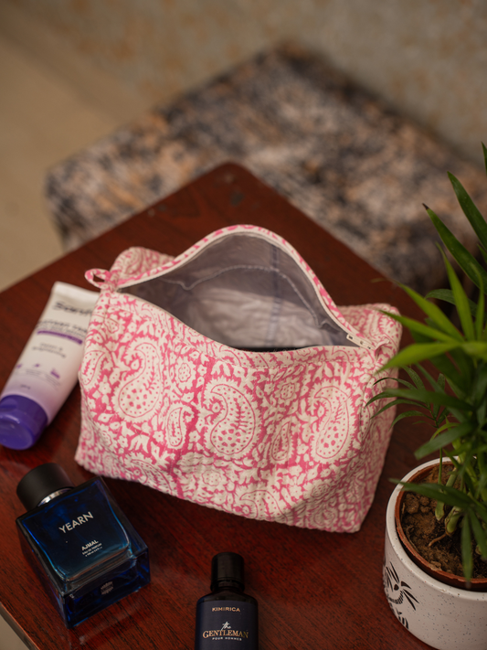 Awdhesh Kumar Blush Motif Organizer Cotton Hand Block Printed Toiletry Bags for Women