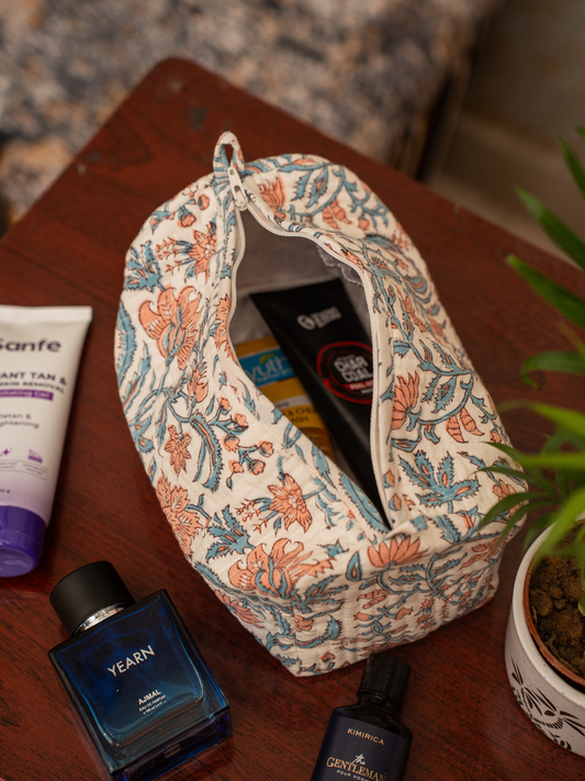 Awdhesh Kumar Pastel Petal Organizer Cotton Hand Block Printed Toiletry Bags for Women