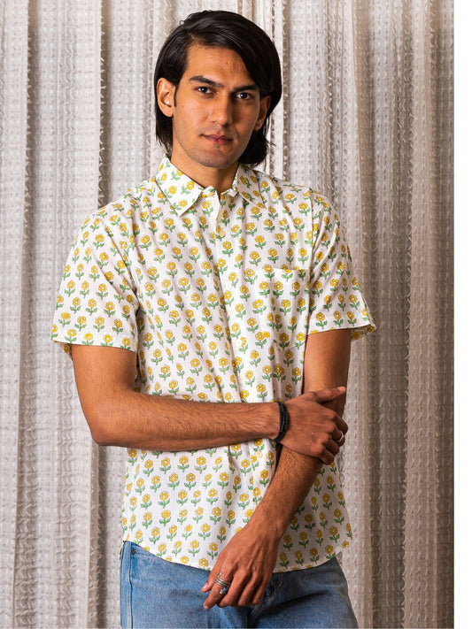 half sleeve Indian Hand Block Print Shirt  Blooming Daisy Print Casual Shirt 100% Cotton Fabric