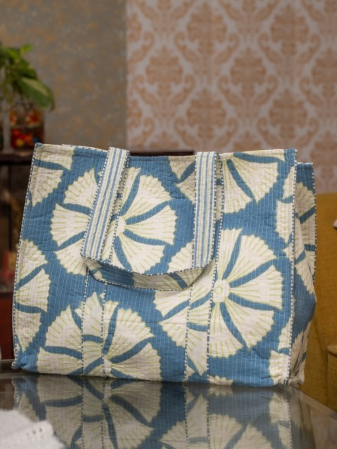 Awdhesh Kumar Blue Fan Blossom Cotton Hand Block Printed Tote Bag for Women