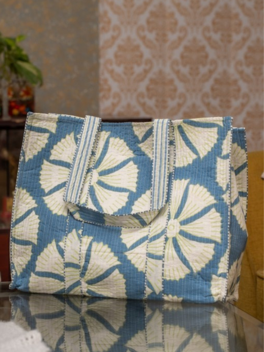 Awdhesh Kumar Blue Fan Blossom Cotton Hand Block Printed Tote Bag for Women