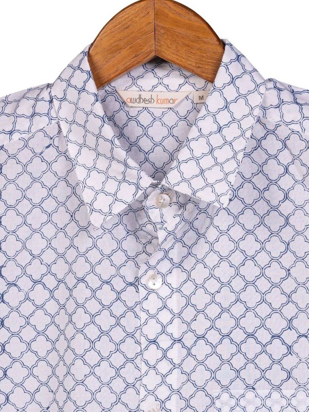 Short Sleeve Indian Blue Lattice Geometry Print Line Jali Blue Design Shirt 100% Cotton Fabric