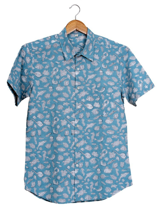 Short Sleeve Indian Ocean Life Print Shirt Ocean Design Shirt 100% Cotton Fabric  Indian Hand Block Print Shirt Design