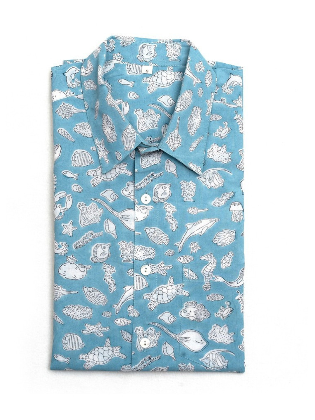 Short Sleeve Indian Ocean Life Print Shirt Ocean Design Shirt 100% Cotton Fabric  Indian Hand Block Print Shirt Design