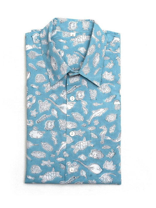 Short Sleeve Indian Ocean Life Print Shirt Ocean Design Shirt 100% Cotton Fabric  Indian Hand Block Print Shirt Design