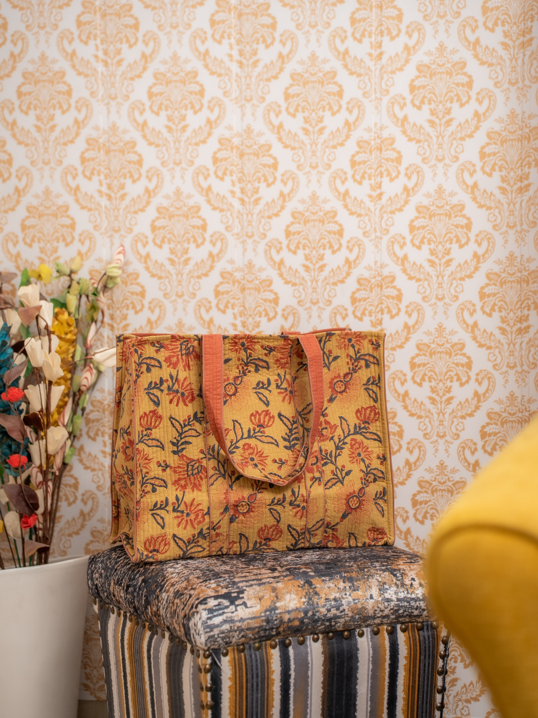 Awdhesh Kumar Rustic Floral Block Cotton Hand Block Printed Tote Bag for Women