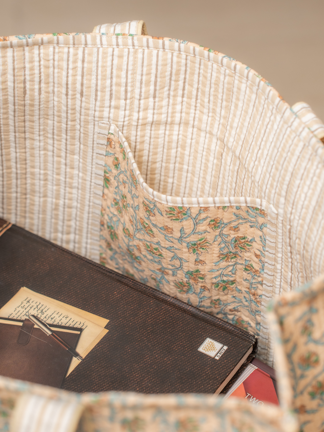 Awdhesh Kumar Beige Blossom Cotton Hand Block Printed Tote Bag for Women