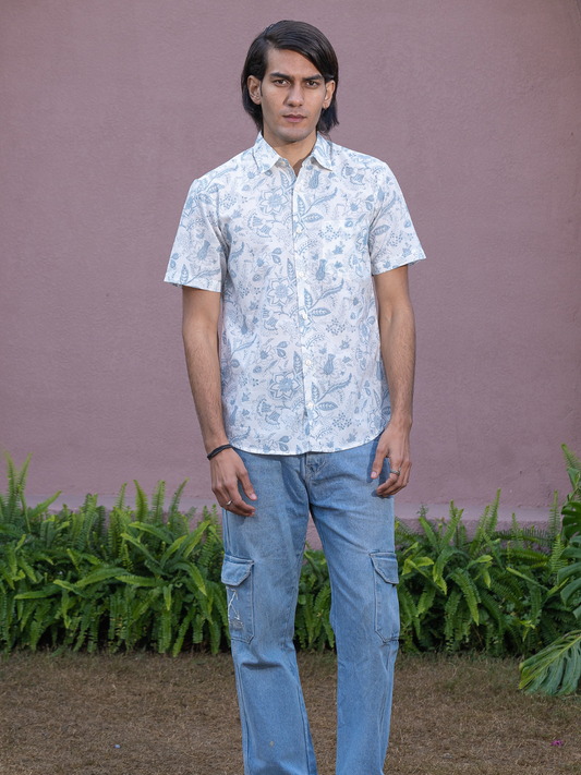 half sleeve Indian Hand Block Print Shirt Jaipur Royal Bloom Shirt 100% Cotton Fabric