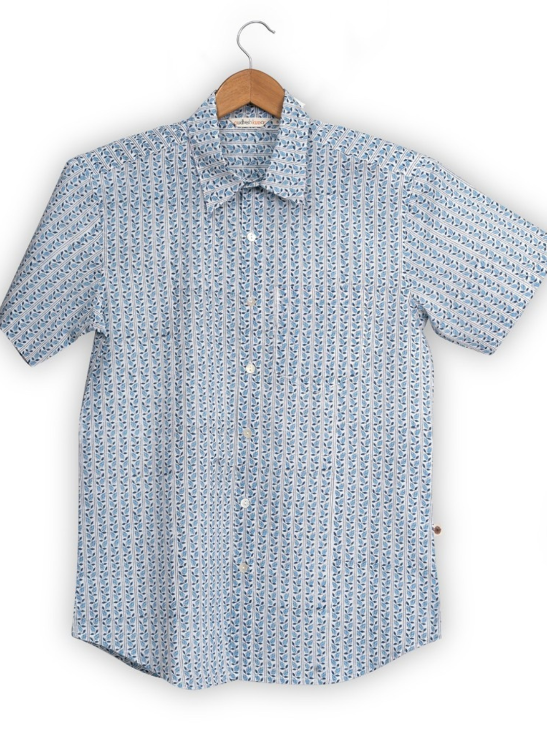 Short Sleeve Indian Blue Leaf Stripe Print Shirts Parcha Design Shirt 100% Cotton Fabric