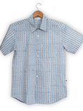 Short Sleeve Indian Blue Leaf Stripe Print Shirts Parcha Design Shirt 100% Cotton Fabric