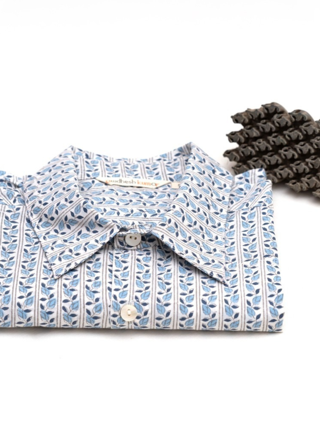 Short Sleeve Indian Blue Leaf Stripe Print Shirts Parcha Design Shirt 100% Cotton Fabric