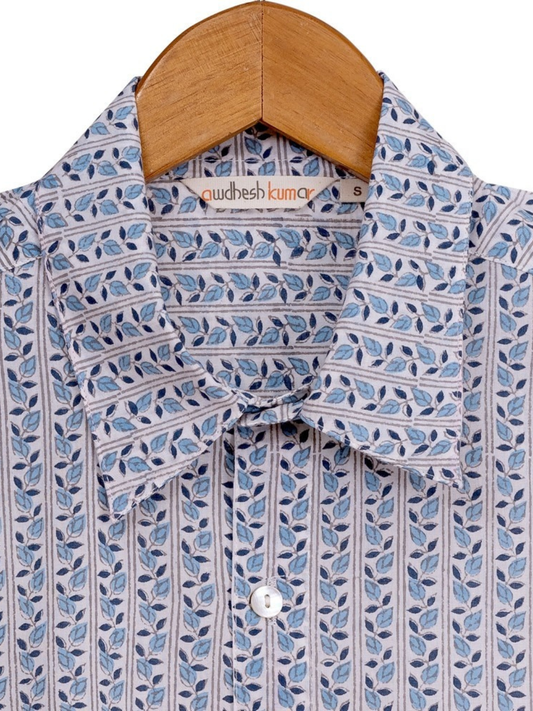 Short Sleeve Indian Blue Leaf Stripe Print Shirts Parcha Design Shirt 100% Cotton Fabric