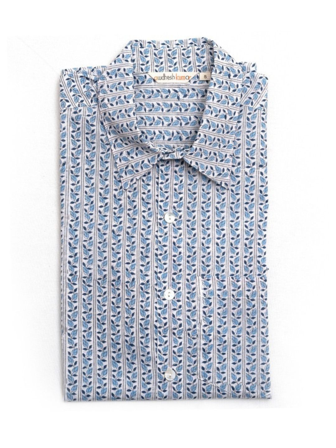 Short Sleeve Indian Blue Leaf Stripe Print Shirts Parcha Design Shirt 100% Cotton Fabric