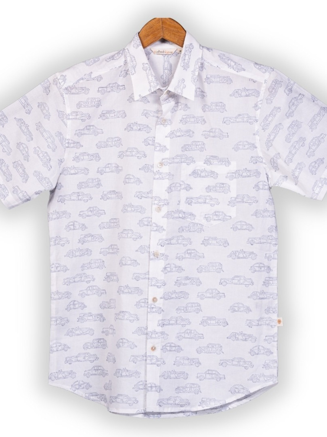 Short Sleeve Indian Vintage Car Sketch Print Shirt Car Grey Design Shirt 100% Cotton Fabric