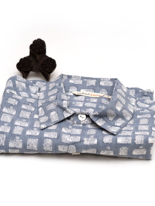 Short Sleeve Indian Blue Abstract Block Print Shirt Vintage Camera shirt 100% Cotton Fabric