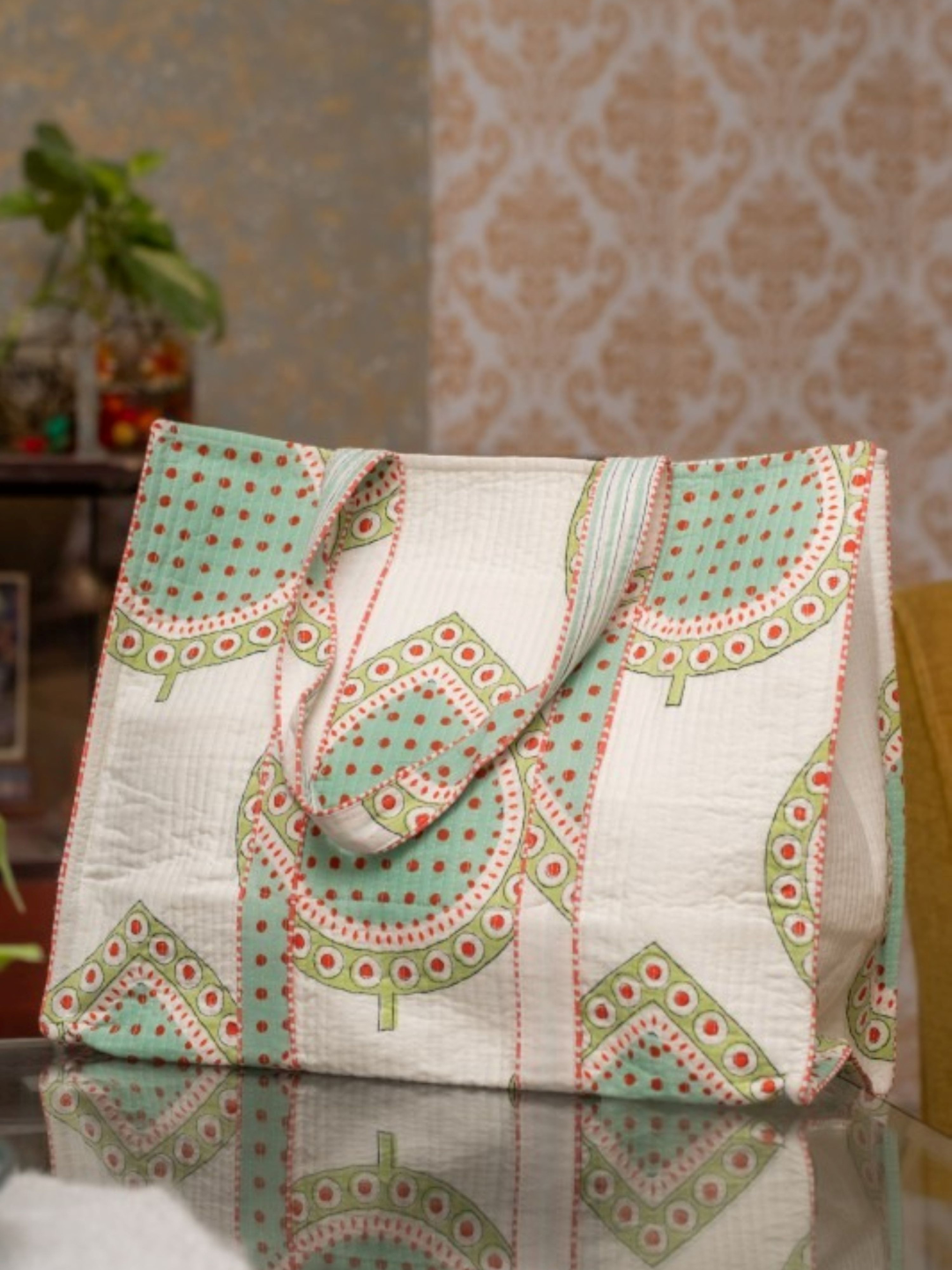Awdhesh Kumar Aqua Dotted Delight Cotton Hand Block Printed Tote Bag for Women