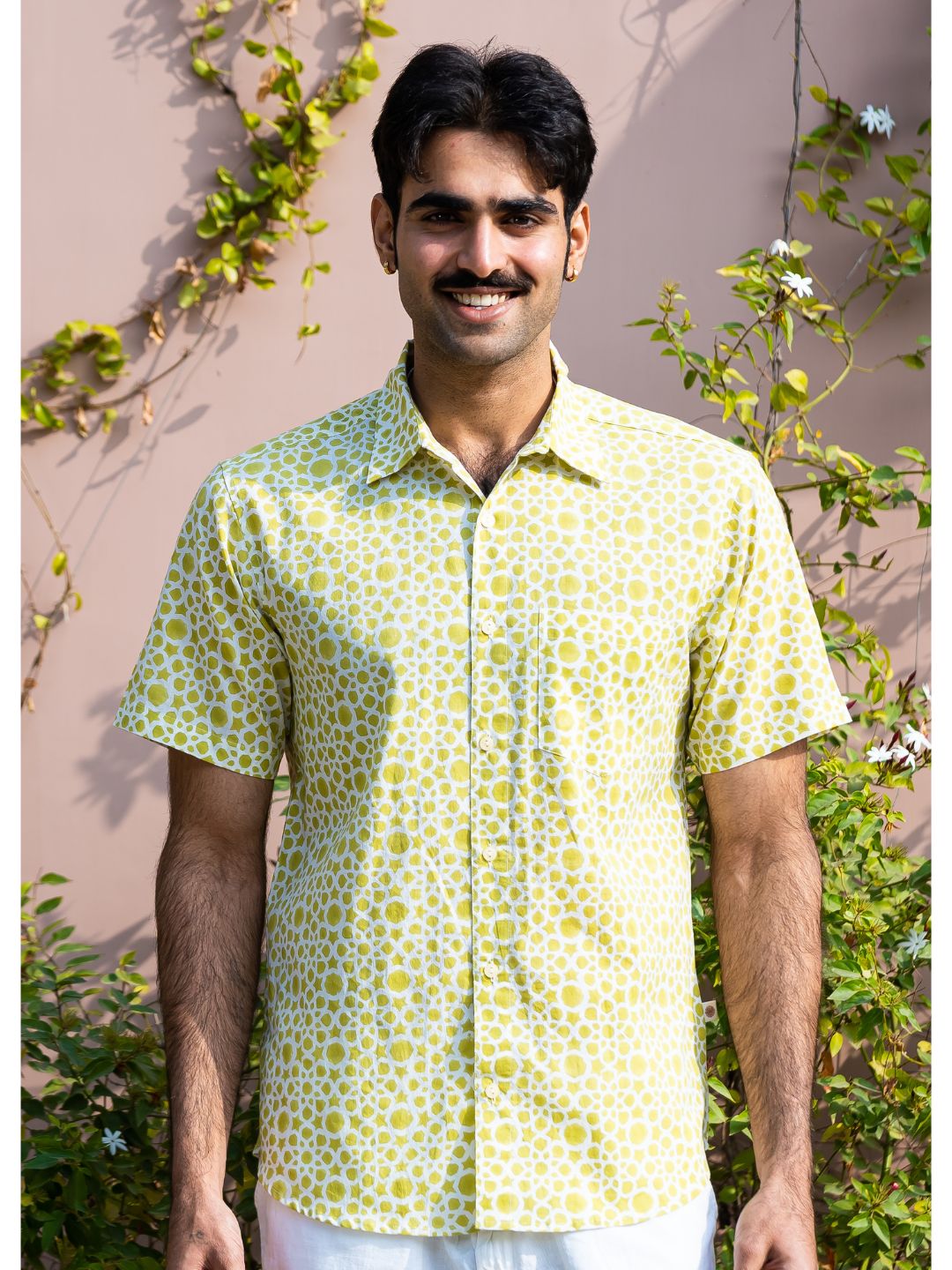half sleeve Indian Hand Block Print Shirt Lime Abstract Print Casual Shirt   100% Cotton Fabric