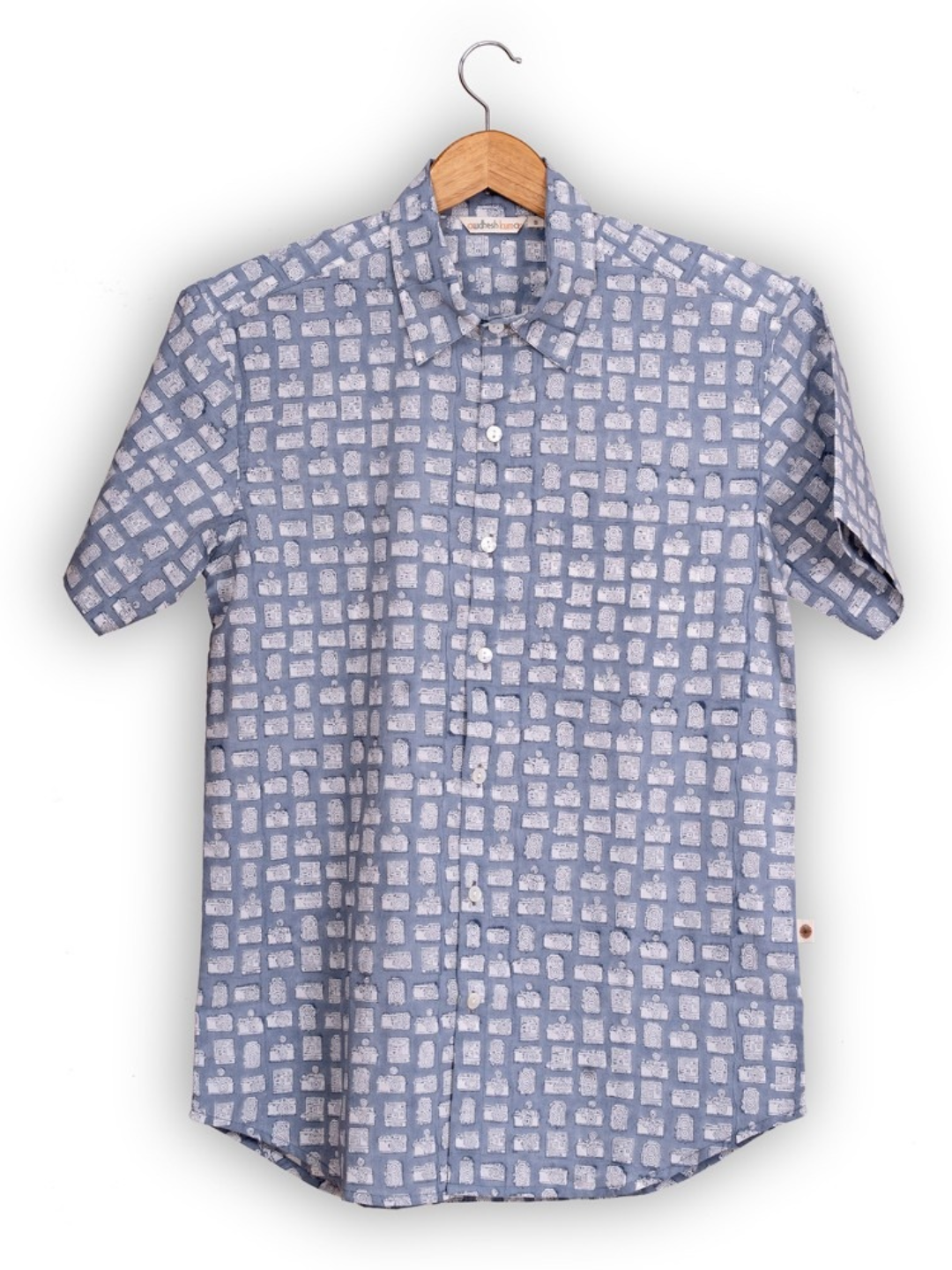 Short Sleeve Indian Blue Abstract Block Print Shirt Vintage Camera shirt 100% Cotton Fabric