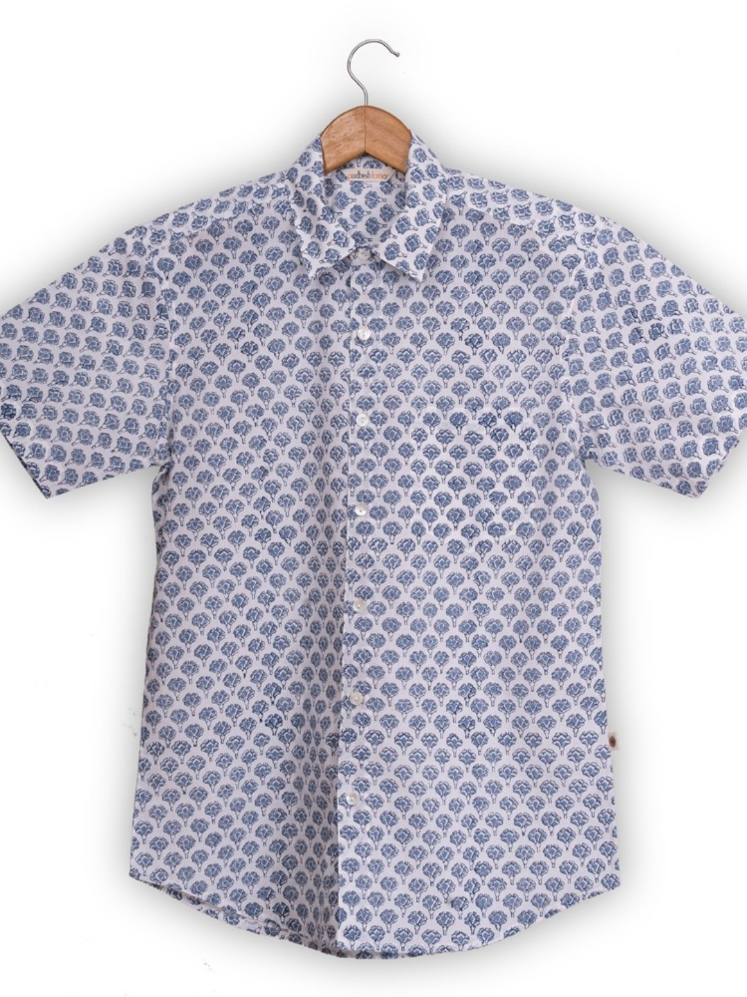 Short Sleeve Indian Blue Floral Buti Print Shirt Buti-Multi Design Shirts 100% Cotton Fabric