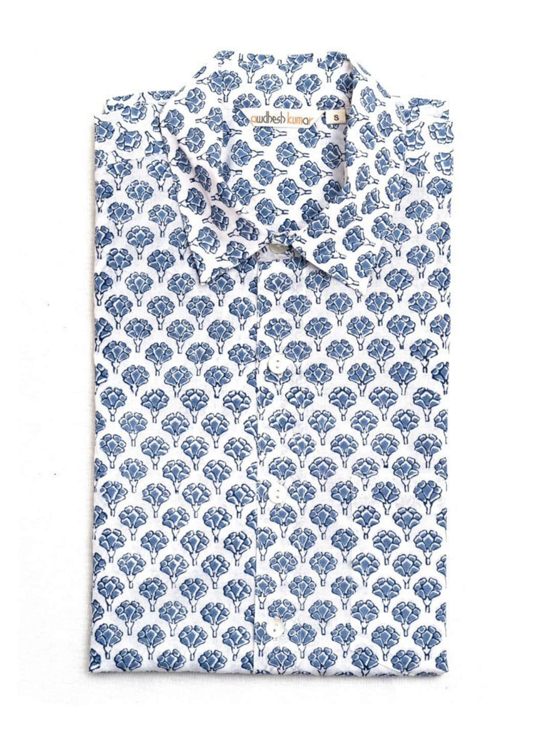 Short Sleeve Indian Blue Floral Buti Print Shirt Buti-Multi Design Shirts 100% Cotton Fabric