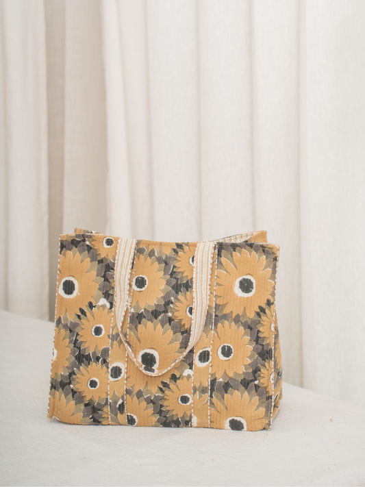 Mustard Floral Cotton Hand Block Printed Tote Bag