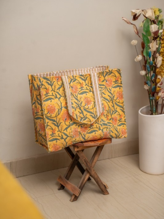 Cotton Hand Bag, Golden Gulmohar Classic Tote Bags, Women hand bags, Tote bags for Girls, Fashion Tote bags, Printed Tote Bags