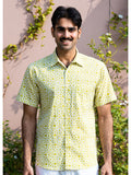 half sleeve Indian Hand Block Print Shirt Lime Abstract Print Casual Shirt   100% Cotton Fabric