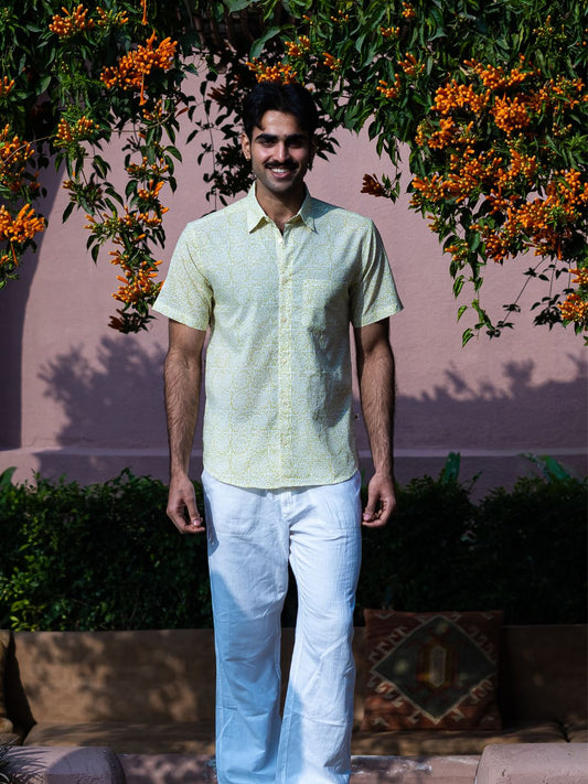 half sleeve Indian Hand Block Print Shirt Soft Lime Textured Casual Shirt 100% Cotton Fabric