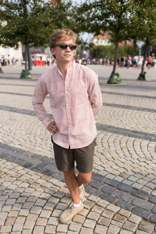 Full Sleeve Indian Hand Block Print Shirt Rust Linear Stripes Design Shirt 100% Cotton Fabric