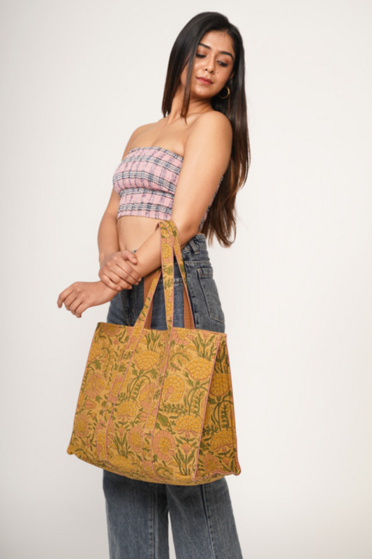 Awdhesh Kumar Peach Blossom Garden Cotton Hand Block Printed Tote Bag for Women