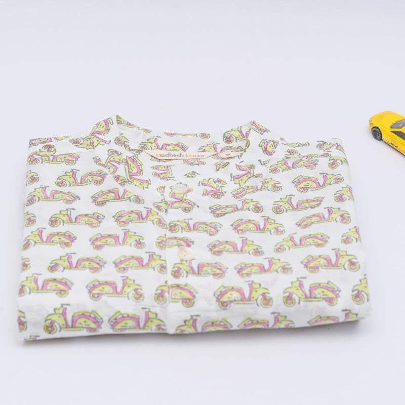 Full Sleeve Indian Hand Block Print Shirt Vespa Pink Green Design Shirt 100% Cotton Fabric