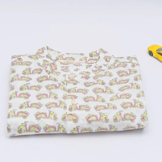 Full Sleeve Indian Hand Block Print Shirt Vespa Pink Green Design Shirt 100% Cotton Fabric
