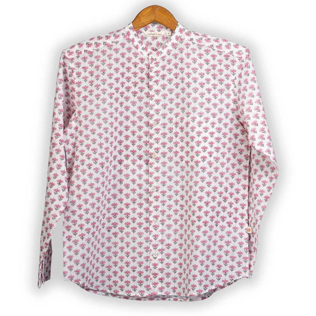 Full Sleeve Indian Hand Block Print Shirt Pink Buti Small Design Shirt 100% Cotton Fabric