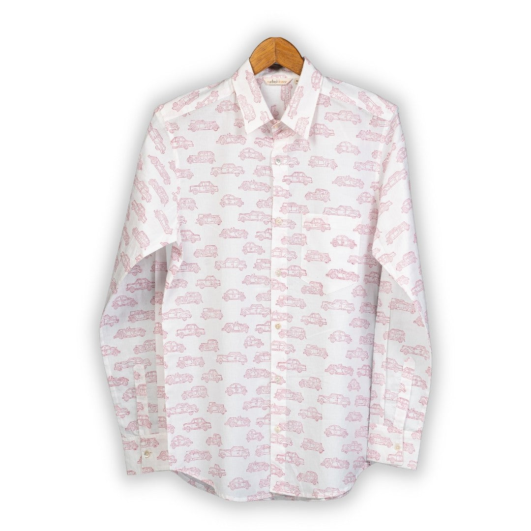 Full Sleeve Indian Hand Block Print Shirt Car Pink Design Shirt 100% Cotton Fabric