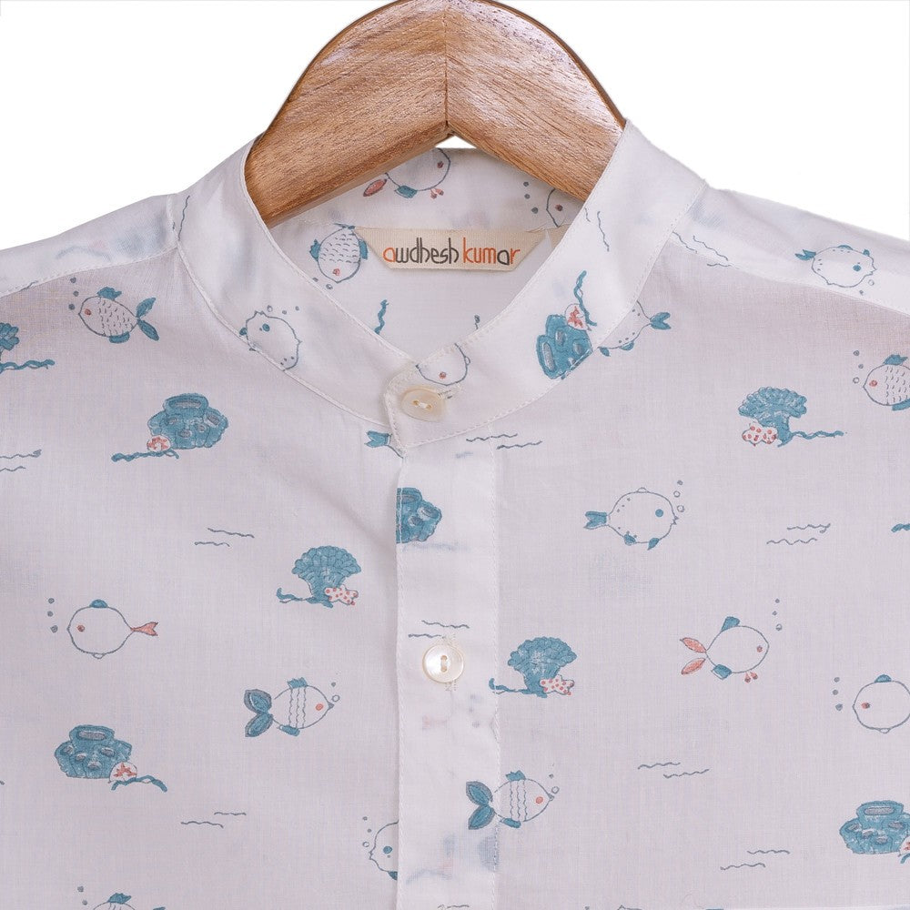 Full Sleeve Indian Hand Block Print Shirt Marine Fish Design Shirt 100% Cotton Fabric