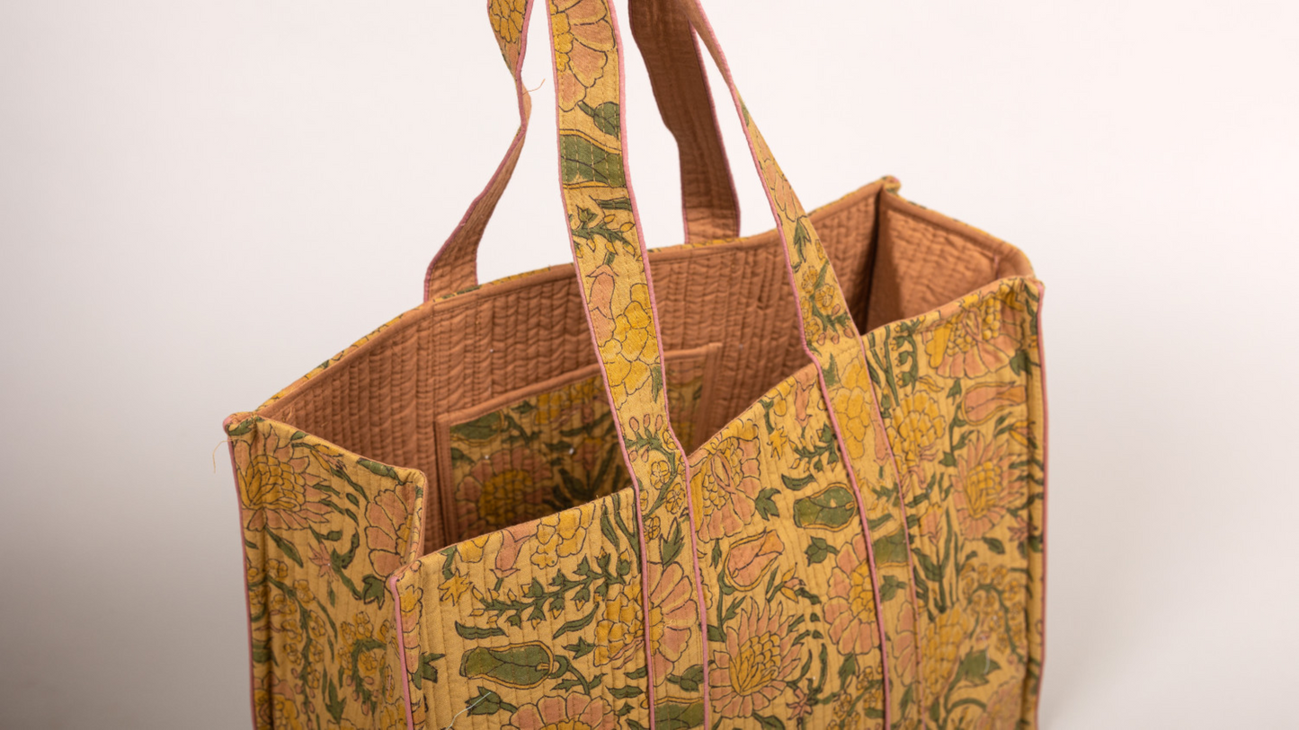 Awdhesh Kumar Peach Blossom Garden Cotton Hand Block Printed Tote Bag for Women