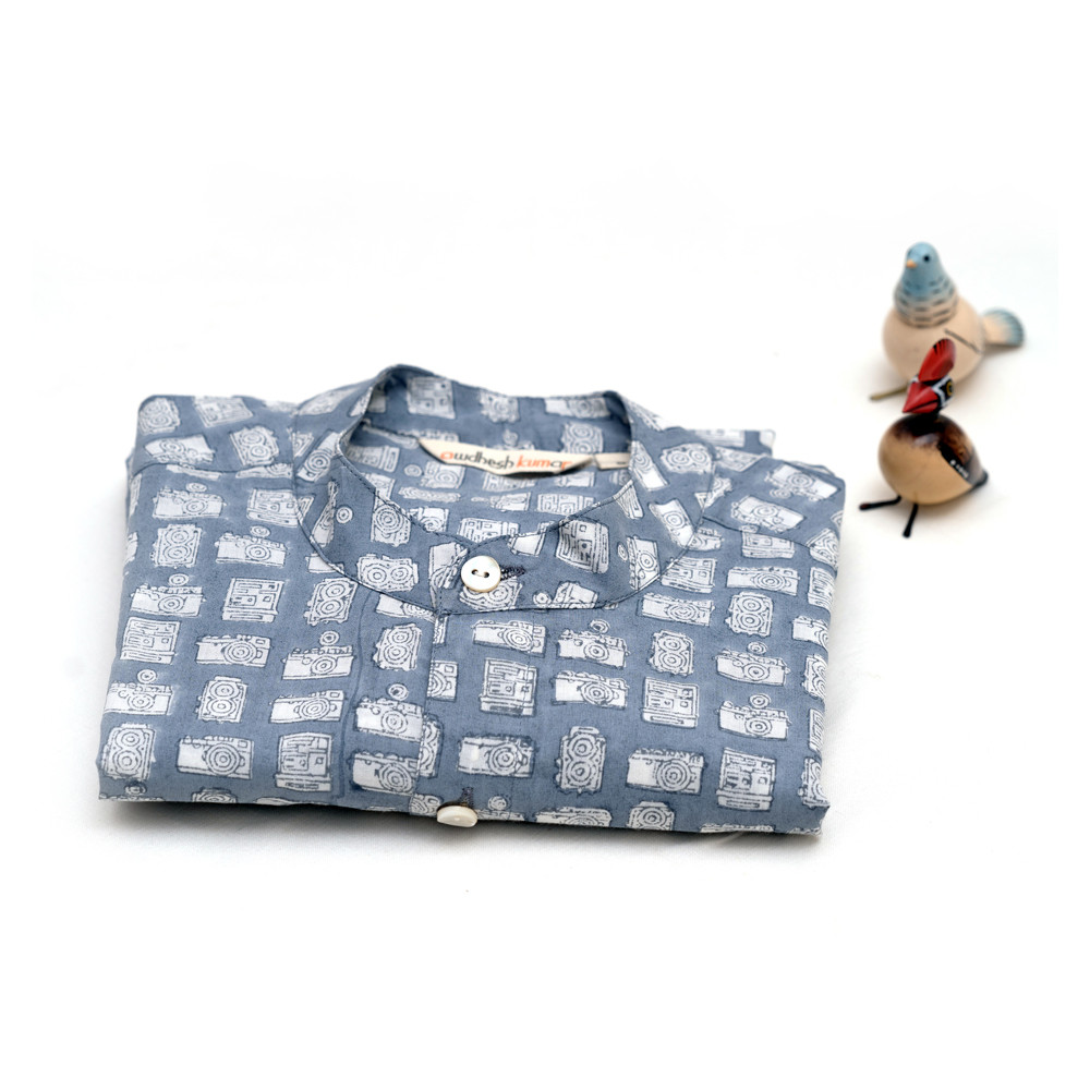 Full Sleeve Indian Hand Block Print Shirt Vintage Camera Design Shirt 100% Cotton Fabric