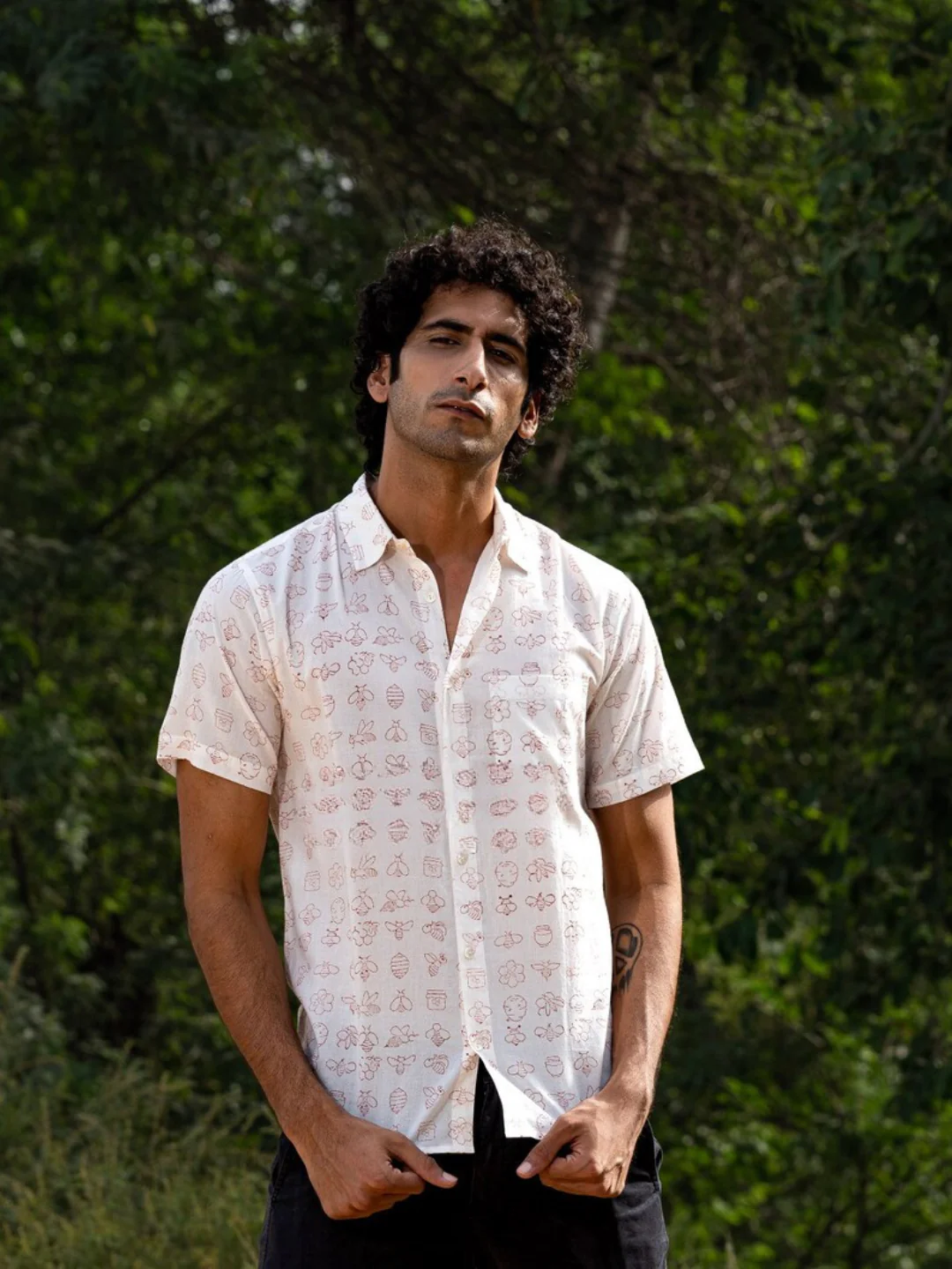 half Sleeve Indian Hand Block Print Shirt Heritage Ivory Bloom Shirt 100% Cotton Fabric