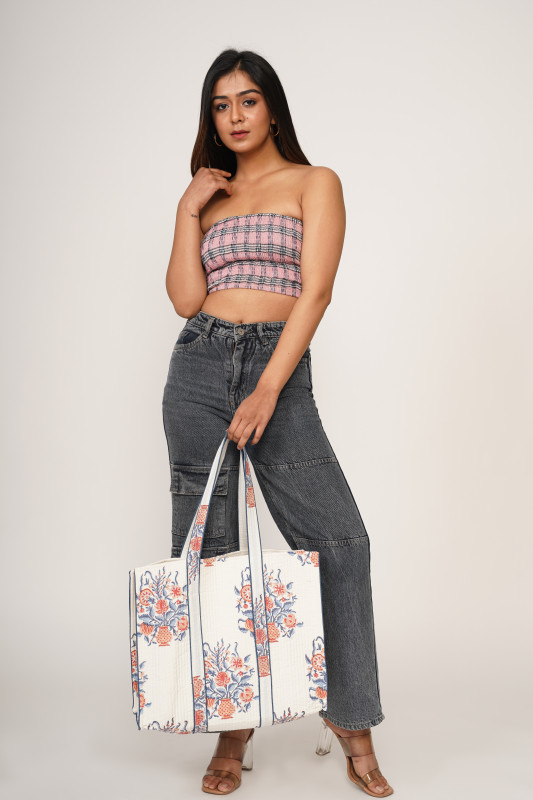 Awdhesh Kumar Nautical Floral Quilted Hand Block Printed Tote Bag for Women