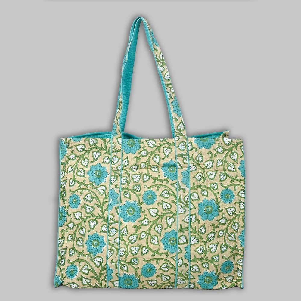 Awdhesh Kumar Botanical Aqua Bloom Cotton Hand Block Printed Tote Bag for Women
