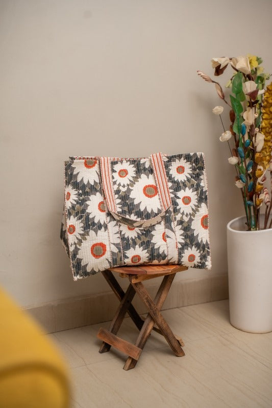 Awdhesh Kumar Midnight Petal Glow Cotton Hand Block Printed Tote Bag for Women