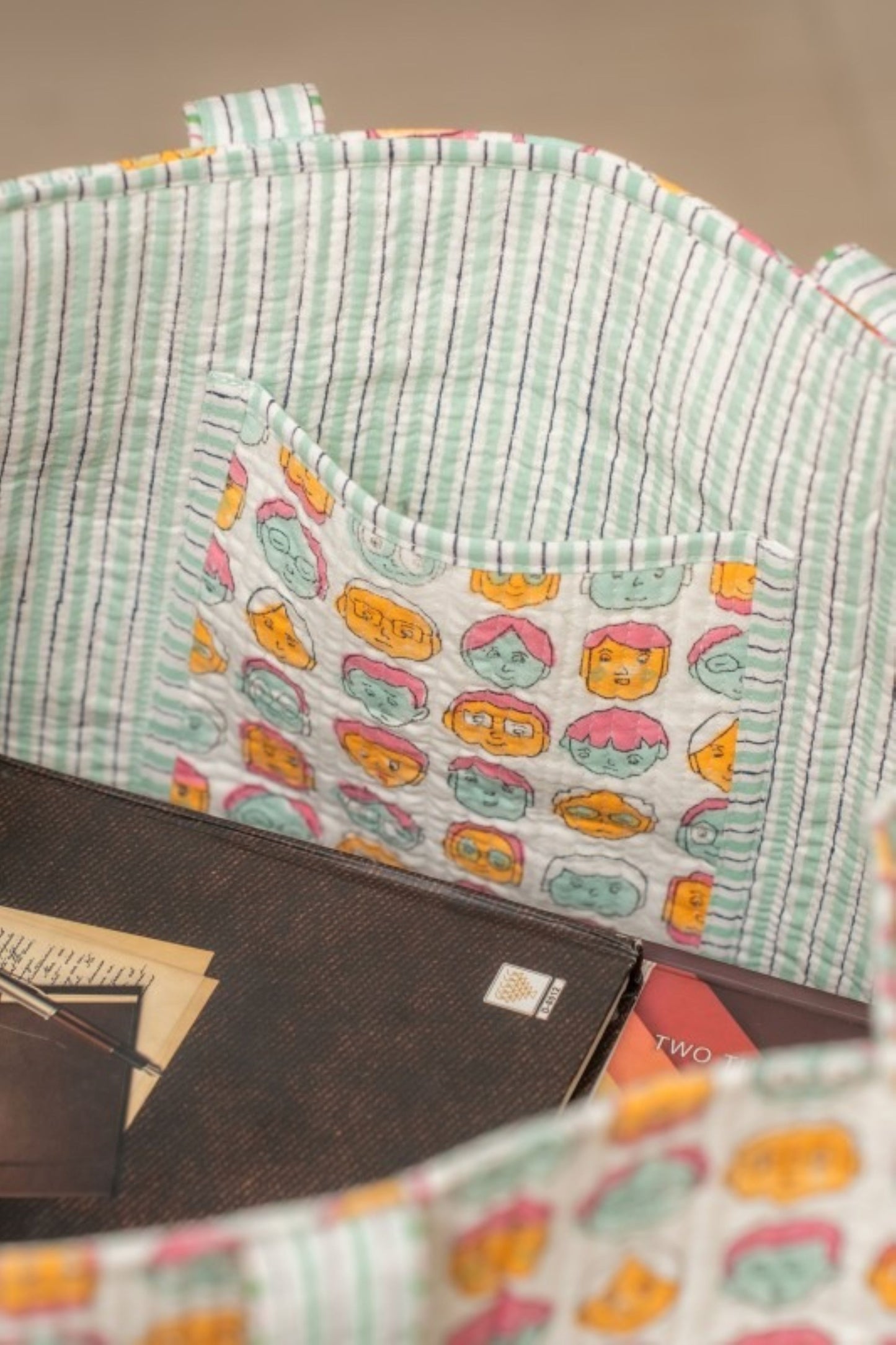 Awdhesh Kumar Pastel Character Pop Cotton Hand Block Printed Tote Bag for Women